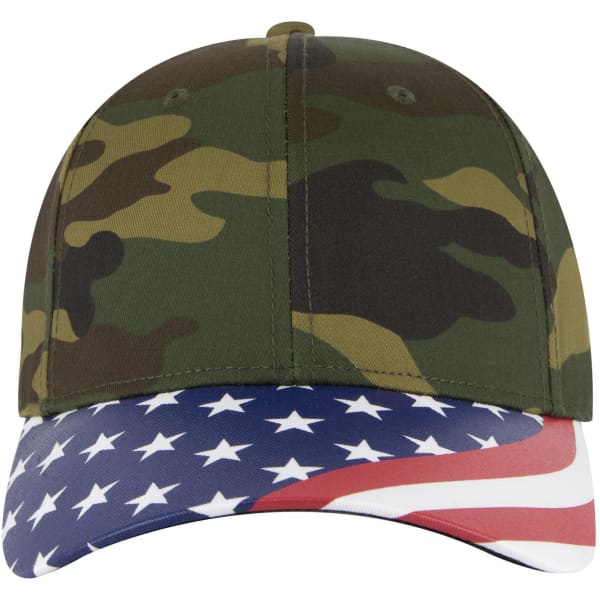 A green camo baseball cap featuring a star-spangled design on the brim and a logo on the front.