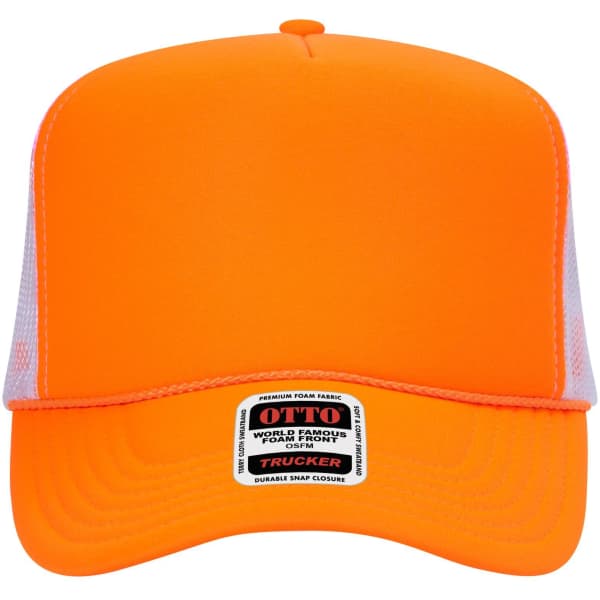 An orange 5 Panel High Crown Trucker Cap with a foam front and mesh sides, featuring a logo on the label.