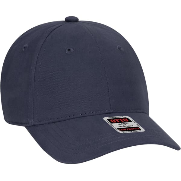 A navy blue 6 panel low profile baseball cap with a logo on the front.