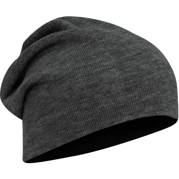 A dark grey slouch beanie featuring a soft, textured fabric and a relaxed fit. It has a subtle logo on it.