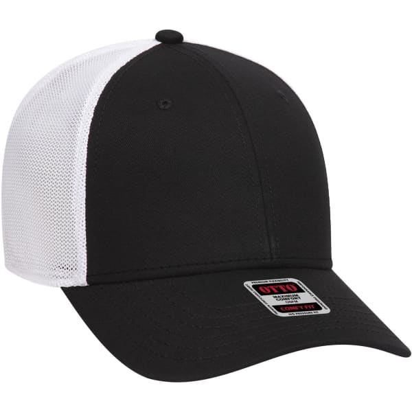 A black and white low profile baseball cap with a mesh back and a logo on the front.