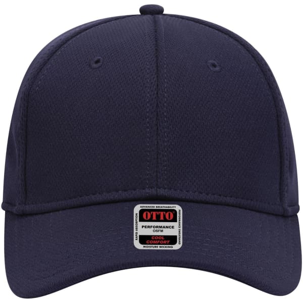 A navy blue 6-panel low profile baseball cap with a logo tag at the front.