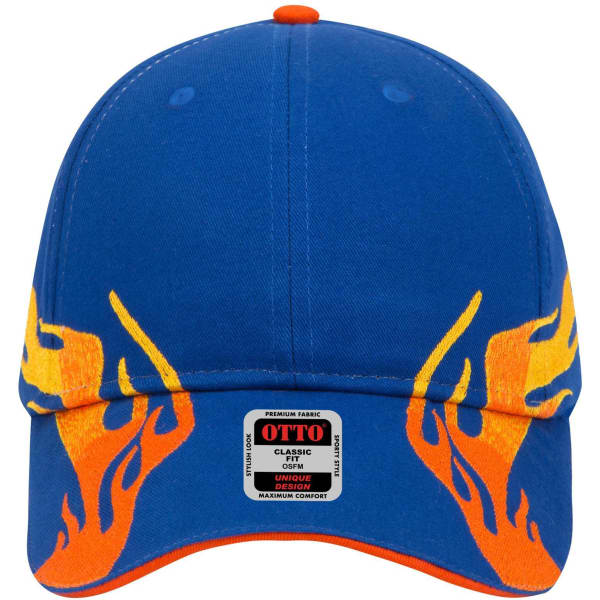 A blue 6-panel low profile baseball cap featuring orange flame designs and a logo on the front.