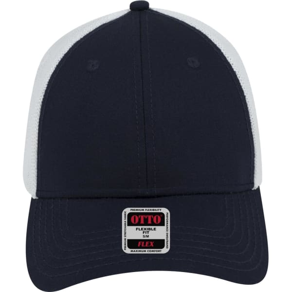 A navy blue low profile trucker cap with white mesh panels and a branded tag on the front.