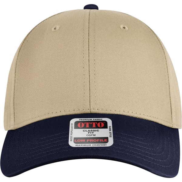 A beige and navy low profile baseball cap featuring a logo on the front. It has a six-panel design for comfort.