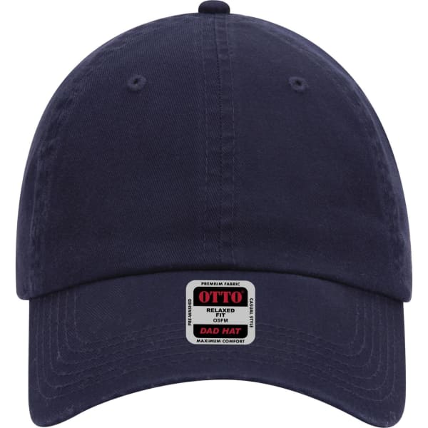 A navy blue 6 panel low profile dad cap featuring a logo and a curved brim.