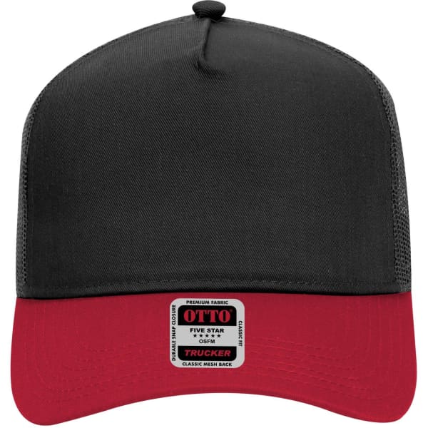 A black and red 5 panel mid-profile trucker cap featuring a branded label on the front.