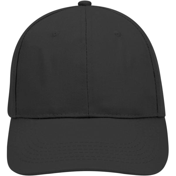 A black 6 panel low profile baseball cap featuring a curved brim and a logo on the front.