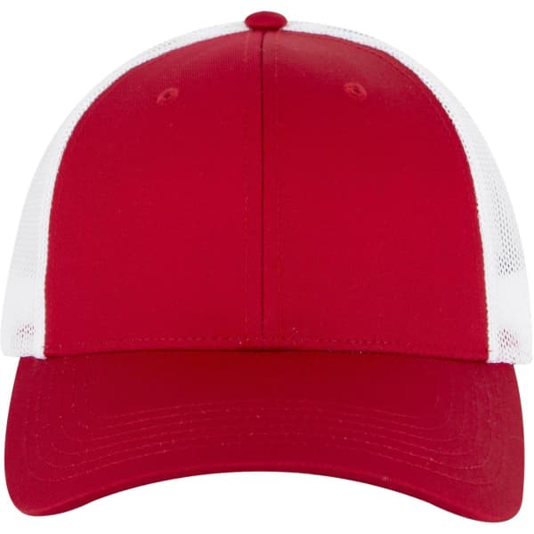 A red and white 6 panel low profile trucker cap with a curved brim and mesh back.