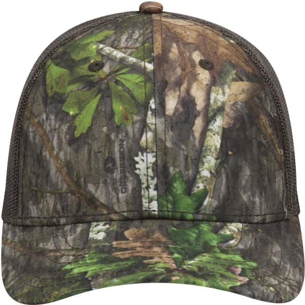 A camouflage baseball cap featuring a six-panel design with a low-profile fit and mesh back.