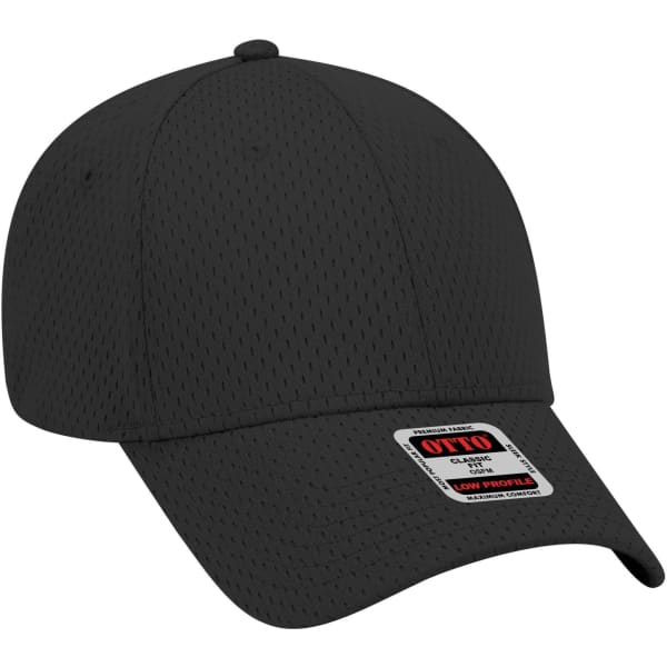 A black low-profile baseball cap with a mesh design and a logo on the front.