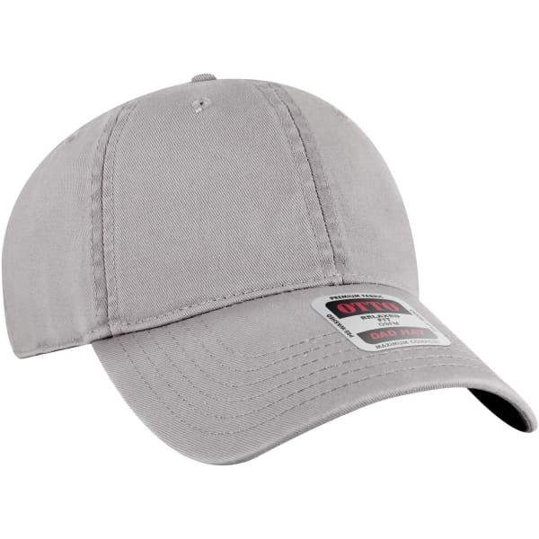 A grey 6-panel low profile dad cap featuring an adjustable strap and a branded logo.