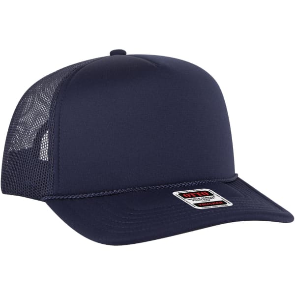 A navy 5 Panel High Crown Trucker Cap featuring a mesh back and a logo on the front.