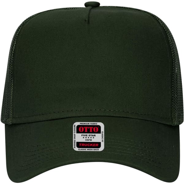 A green 5-panel low profile trucker cap with a mesh back and an attached brand label.