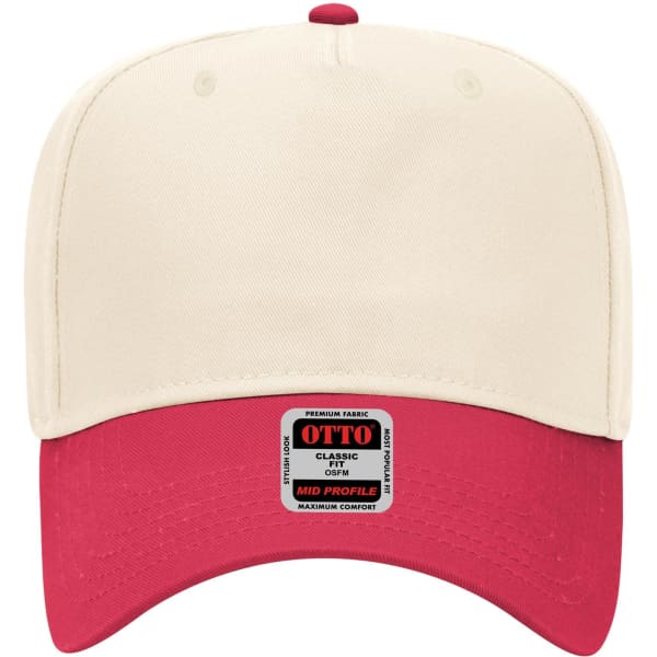 A beige and red 5-panel mid crown baseball cap with a logo on the front.
