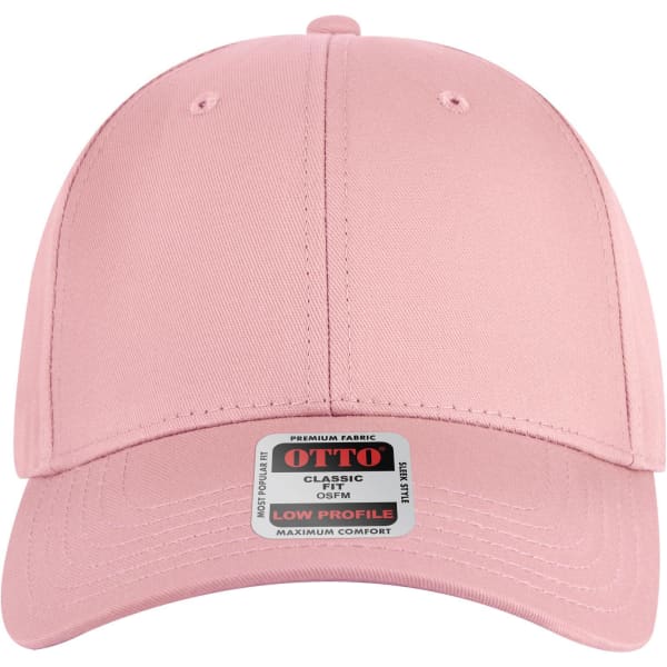A pink 6 panel low profile baseball cap with a branded label on the front.