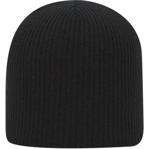 A black premium rib knit beanie with a simple, seamless design and a logo.