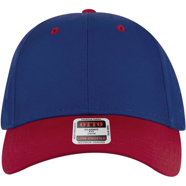 A low profile baseball cap featuring a blue top and red brim, with a logo on the front.