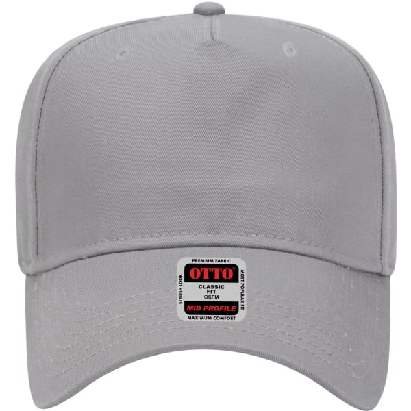 A grey 5 panel mid crown baseball cap featuring a logo on the front.