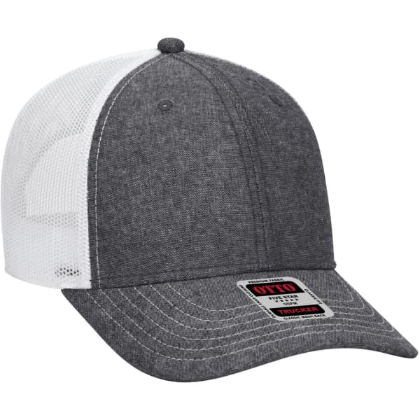 A grey and white 6 panel low profile trucker cap with a mesh back and a branded label on the front.