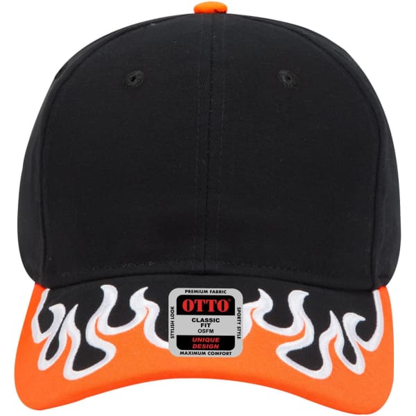 A black baseball cap with an orange brim featuring flame designs, and a logo on the front.