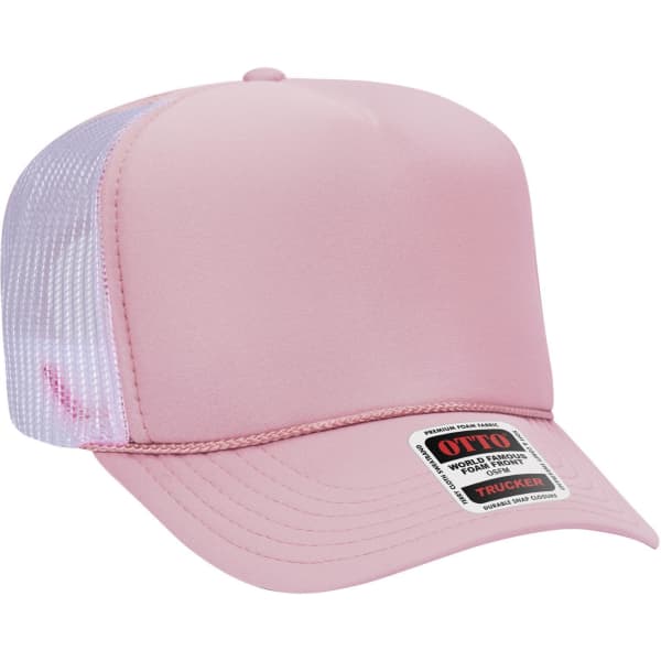 A pink 5 panel high crown trucker cap with a mesh back and a branded label on the front.
