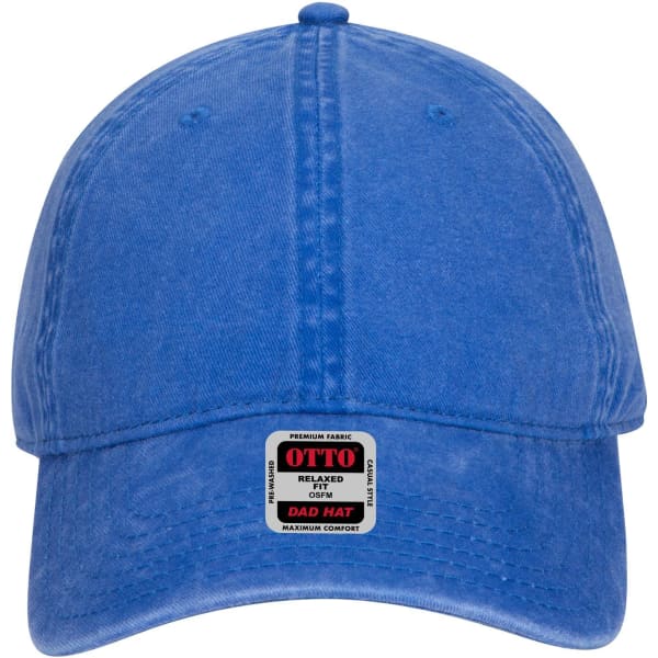 A blue 6-panel low profile dad cap featuring a logo on the front. The cap has a relaxed fit design.