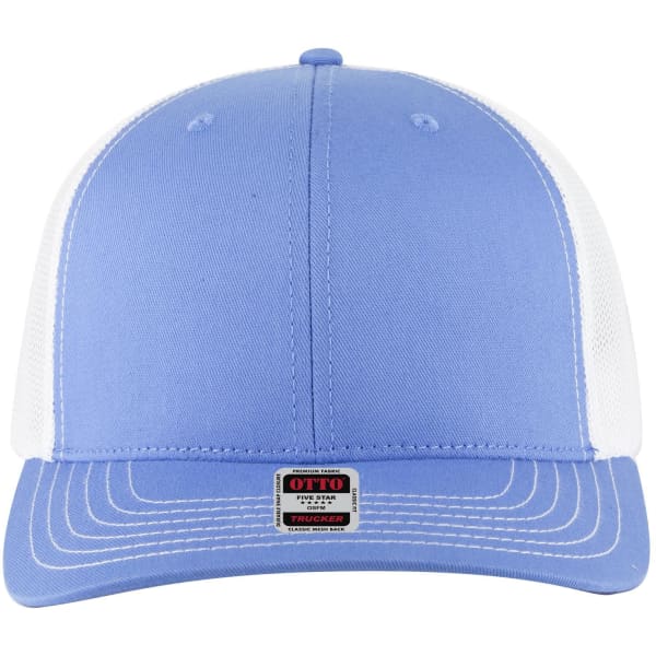 A blue and white 6 panel mid profile trucker cap with a logo on the front.