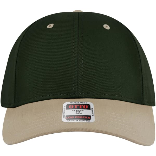 A 6 panel low profile baseball cap in green with a beige visor and a logo on the front.