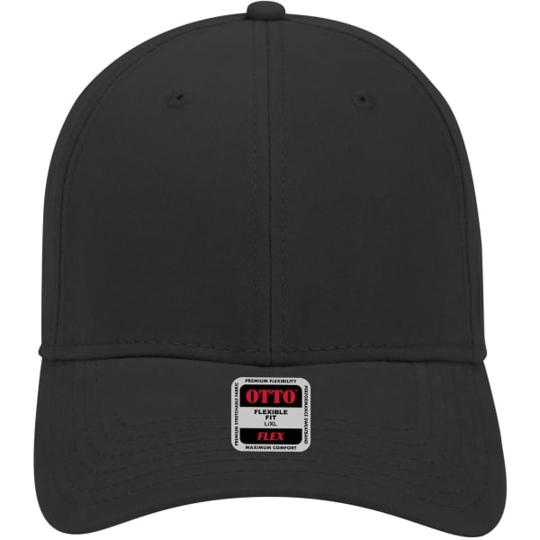 A black 6 panel low profile baseball cap featuring a logo on the front.