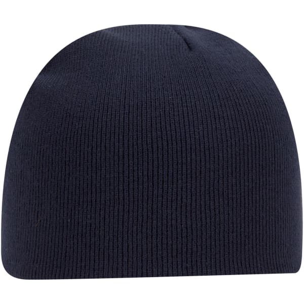 A navy classic knit beanie with a ribbed texture and a smooth top. It features a logo.