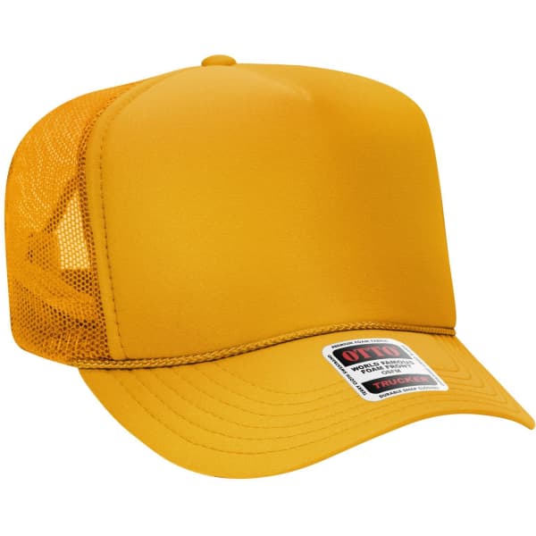 A high crown trucker cap in vibrant yellow with a mesh back and a branded label on the front.