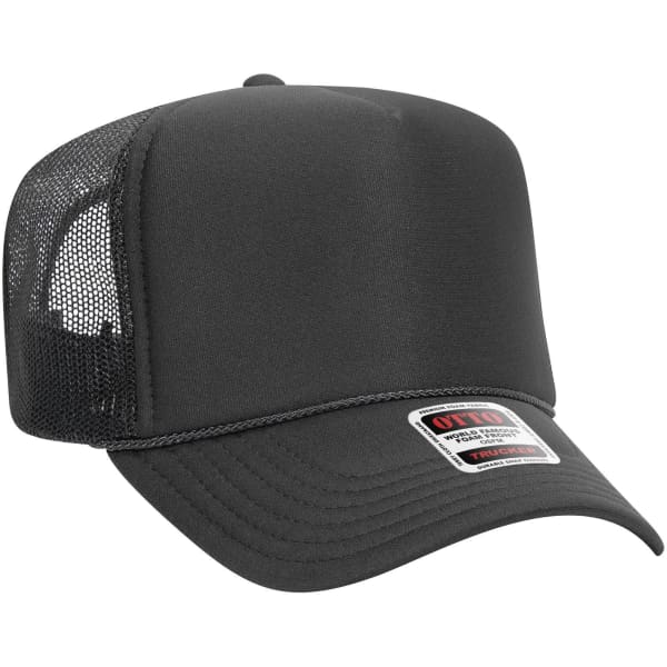 A black 5 Panel High Crown Trucker Cap with a mesh back and a branded label on the front.