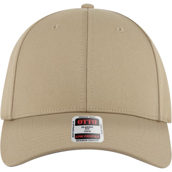 A beige 6-panel low profile baseball cap with a branded label on the front and no visible logos.