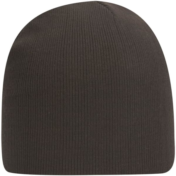A classic knit beanie in dark brown, featuring a ribbed texture and a simple design with a logo.