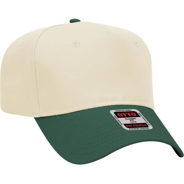 A five-panel mid crown baseball cap in cream and green with a branded label on the front.