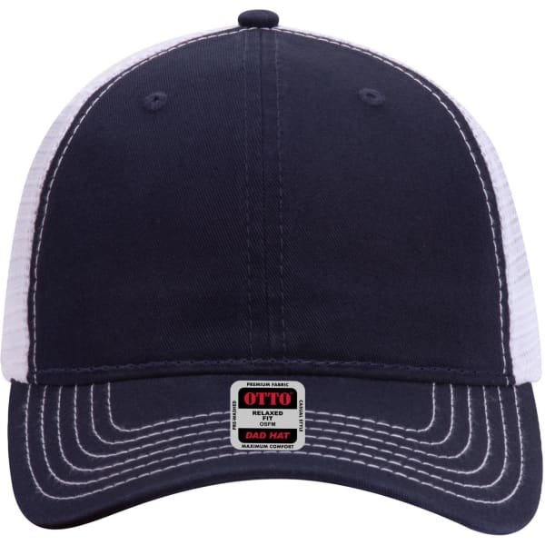 A navy and white 6-panel low profile trucker dad cap with a logo on the front.