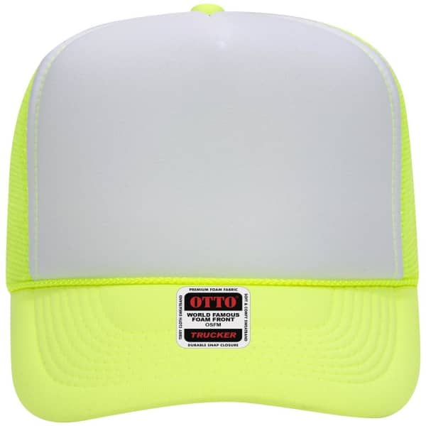A high crown trucker cap in bright yellow with a white front panel and a logo on the underside of the brim.