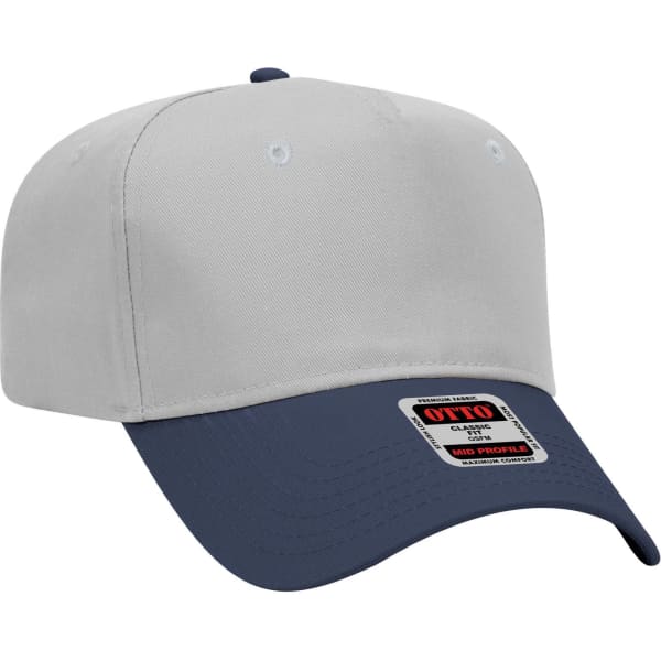 A 5-panel mid crown baseball cap featuring a grey upper and navy peak, complete with a logo on the side.