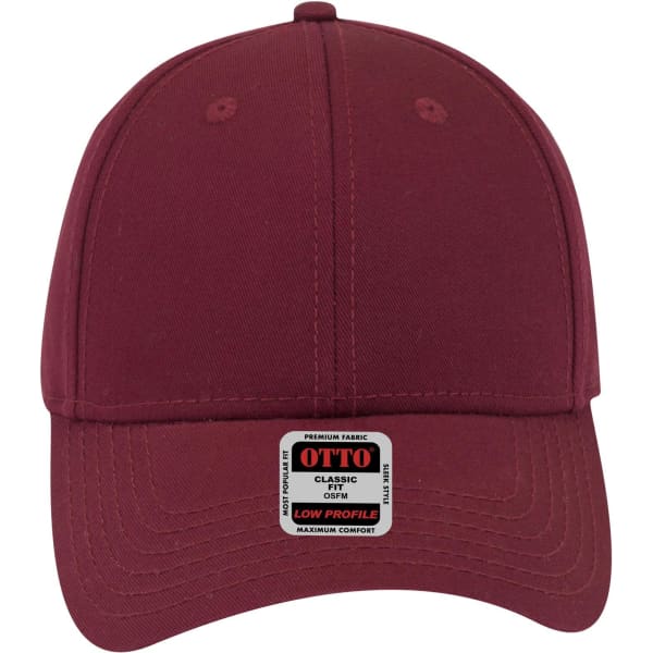 A maroon 6 panel low profile baseball cap featuring a logo on the front and subtle stitching details.