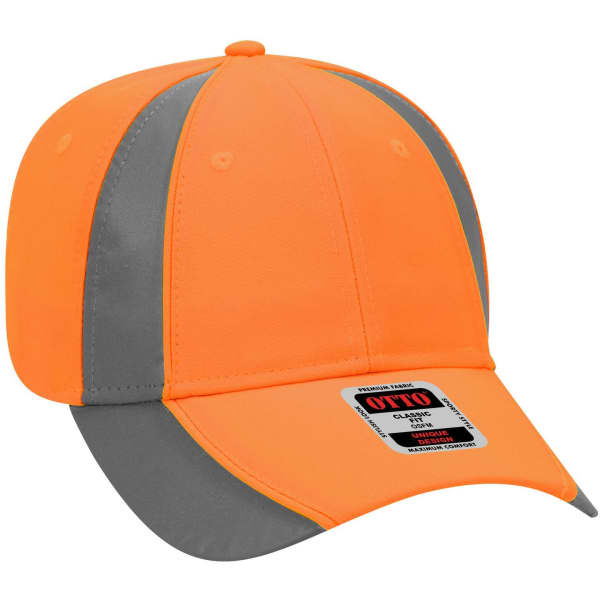 A bright orange and grey low-profile baseball cap featuring a logo on the front panel.