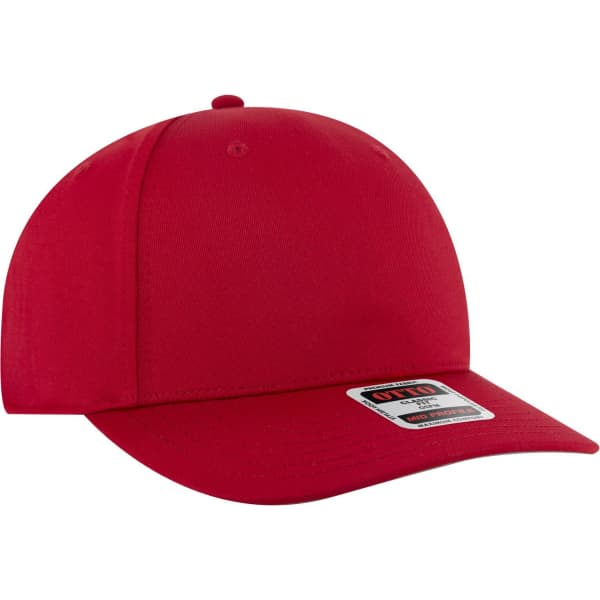 A red seamless 6 panel mid-profile baseball cap with a curved brim and a branding logo.