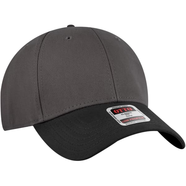 A grey and black low-profile baseball cap with a logo on the front.
