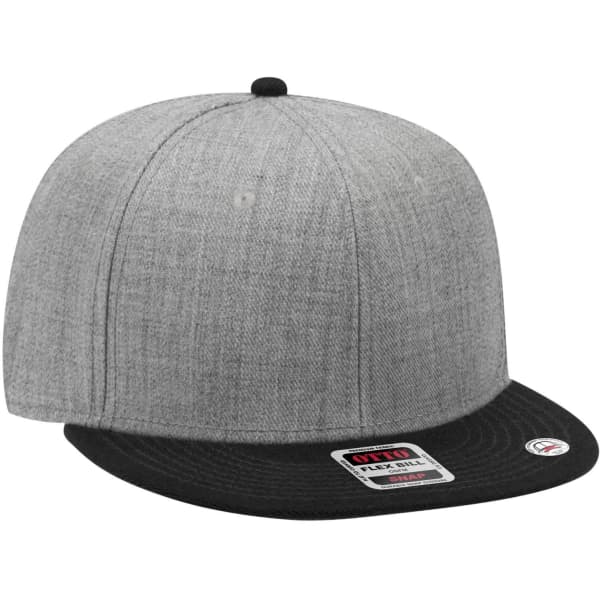 A snapback cap featuring a grey top and a black brim, with a logo on the front.