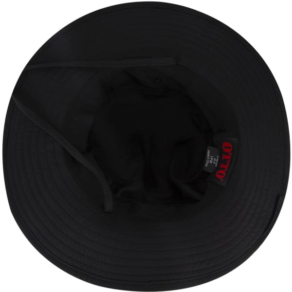 A black polyester pongee boonie hat with a wide brim and an inner label featuring a logo.