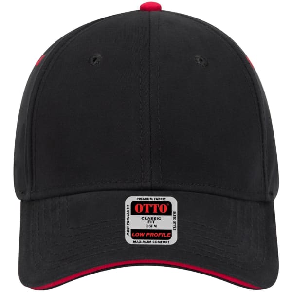 A black low-profile baseball cap with red accents and a logo on the front.