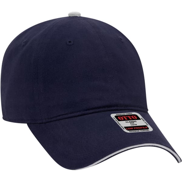 A navy blue low profile baseball cap featuring a branding label and a contrasting peak.