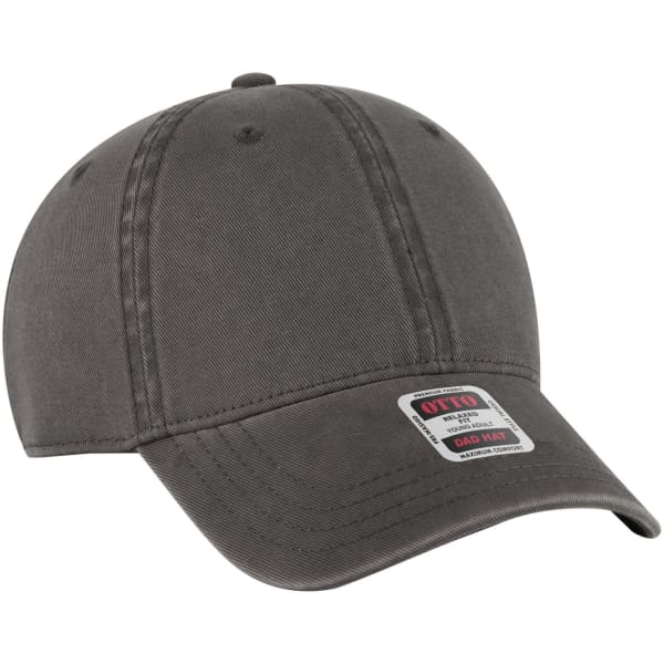 A grey six-panel low profile dad cap with a curved brim and a logo on the side.