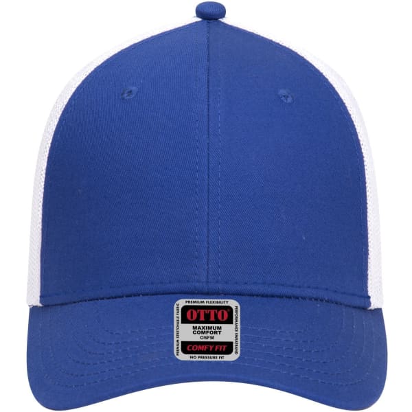 A blue and white baseball cap with a low profile and a 6-panel design, featuring a logo on the front.