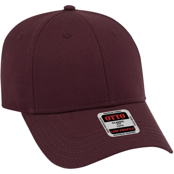 A maroon 6 panel low profile baseball cap featuring a logo on the side.
